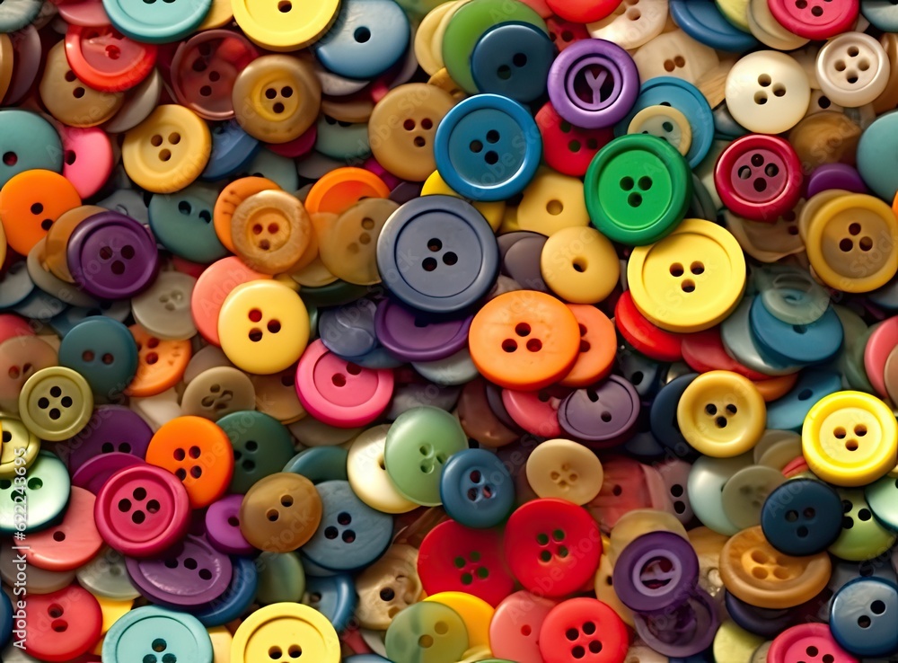 Many colorful garment buttons in various shapes and sizes. SEAMLESS PATTERN. Created with Generative AI technology. Many colorful garment buttons in various shapes and sizes. SEAMLESS PATTERN. Created with Generative AI technology.