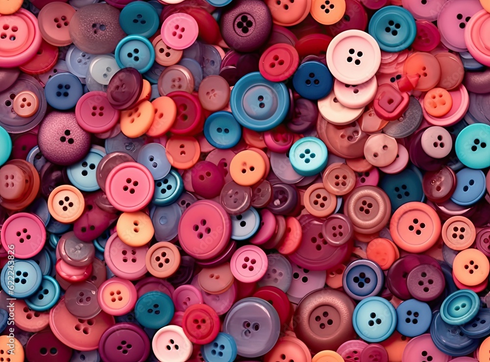 Many colorful garment buttons in various shapes and sizes. SEAMLESS PATTERN. Created with Generative AI technology. Many colorful garment buttons in various shapes and sizes. SEAMLESS PATTERN. Created with Generative AI technology.
