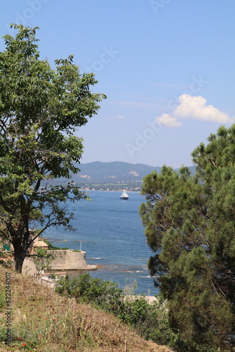 mediterranean sea and the old tower that protected Saint Tropez from attacks from the sea, seen trough the trees on a hill