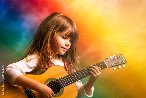 Charming girl strumming a rainbow symbolising diversity and togetherness against pastel backdrop. Powerfully emotional with a touch of innocence. Generative AI