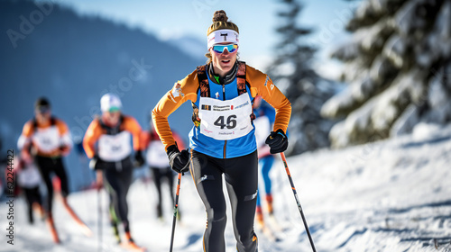 Cross-country skiing contest, langlaufen sport, front runner
