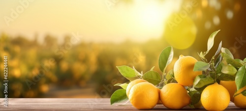 Harvest Food fruits photography background - Closeup of fresh ripe lemons with leaves, on wooden table, with blurred landscape of an lemon plantation (Generative Ai)