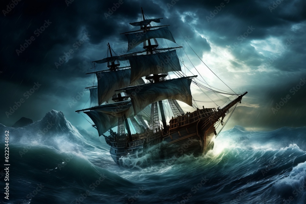 The Pirate Vortex, ship at the open sea. Dramatic image. Generative AI.
