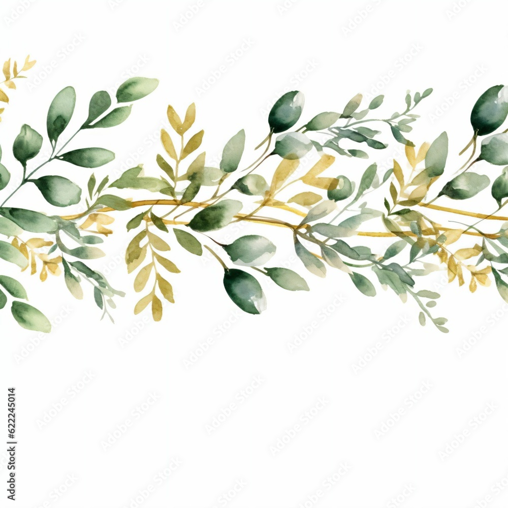 Watercolor seamless border - illustration with green gold leaves and ...
