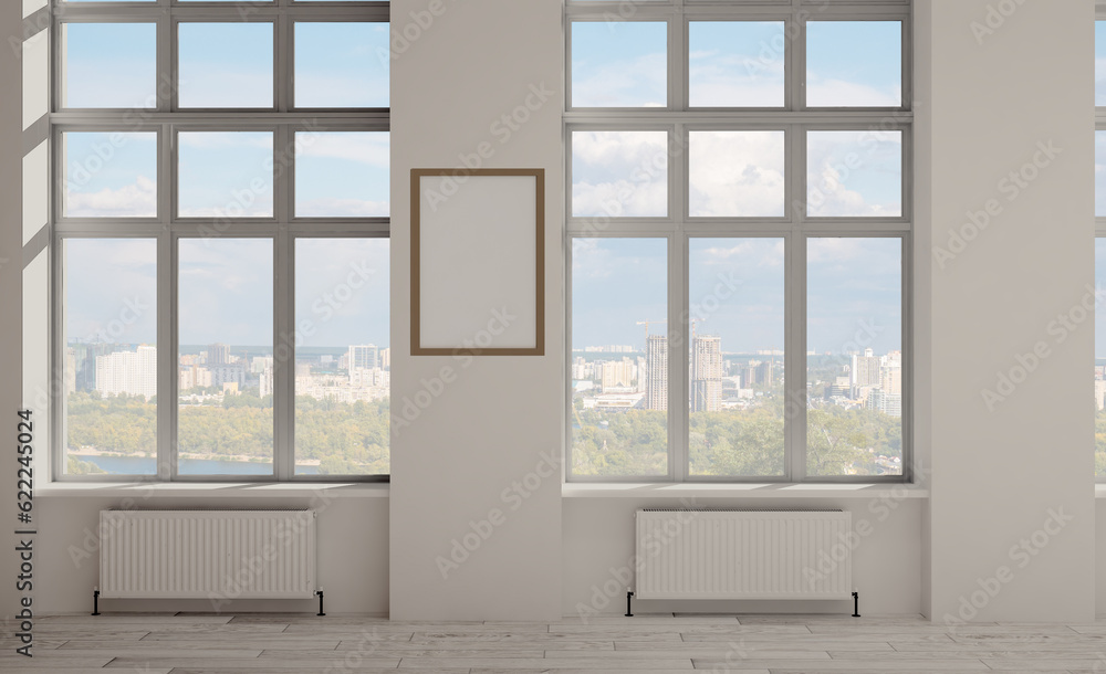Fototapeta premium Modern office building interior. 3D rendering.. Mockup. Empty paintings