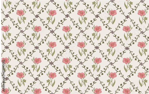 Seamless pattern Linum Flax Jasmine Hemlock tree wildflowers. Beautiful fabric blooming realistic isolated flowers Vintage background Wallpaper baroque. Drawing engraving Vector victorian illustration