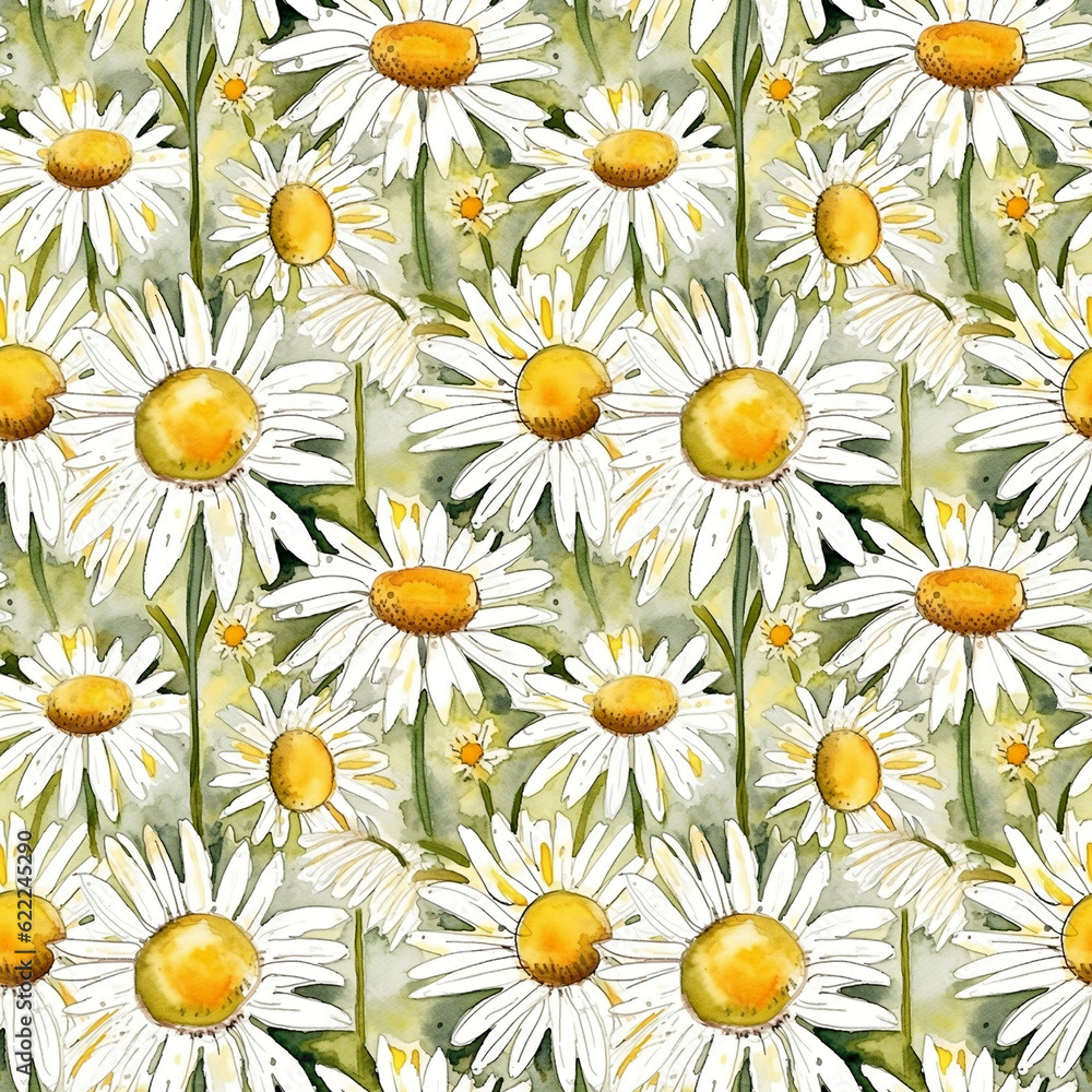 Seamless pattern watercolor illustration background of botanic garden, field chamomile flowers. AI Seamless pattern watercolor illustration background of botanic garden, field chamomile flowers. AI