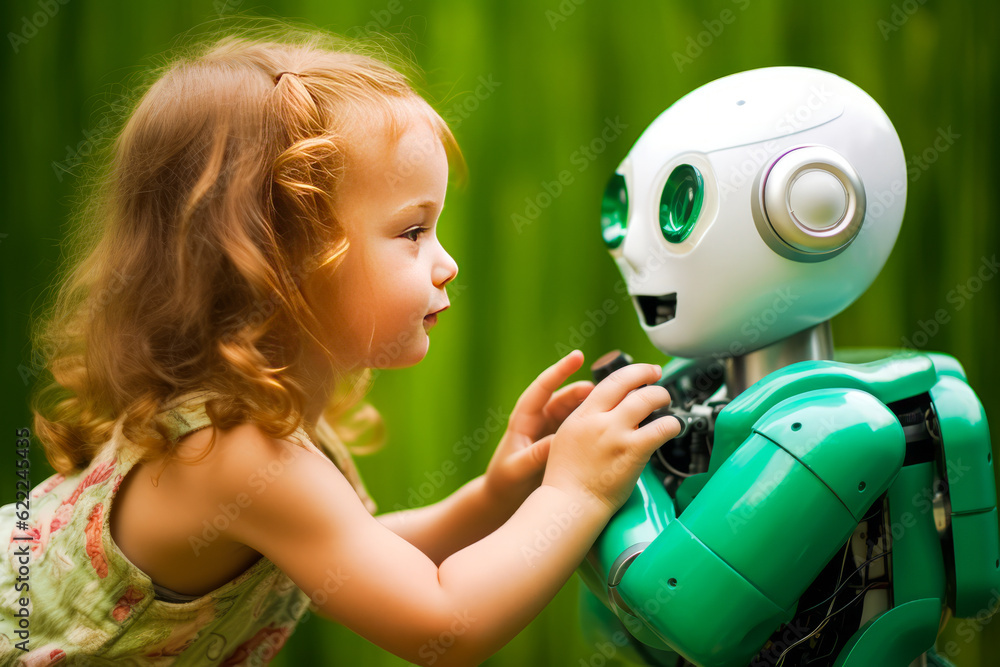 Endearing little girl whispering secrets to a robotic toy against vibrant green, encapsulating future of human-technology interaction. Generative AI