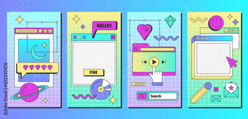Retro linear vaporwave post and banners template in y2k style. Set of vintage social media ig posts and stories with aesthetic user interface elements. Old computer windows vector flat illustration. photo
