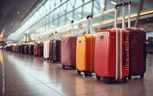 A row of colorful suitcases lined up in a row in airport. AI