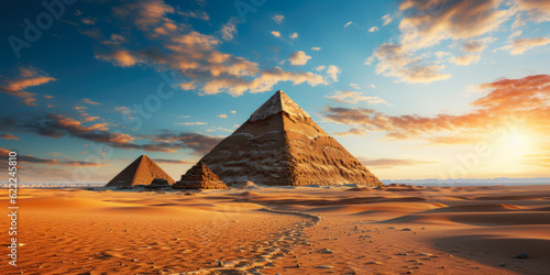 Fotografiet Egyptian Pyramids On The Background Of The Desert Sands Created With The Help Of