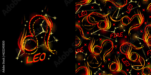 Label, pattern with icon of zodiac sign Leo with constellation, text, paint splatter, smudge, brush strokes. Horoscope esoteric element of the element of fire. For decoration in street style