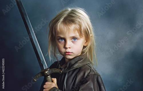Empowering image of a little blonde girl confronted by the immense weight of a sword, depicting struggle for gender equality on steel-gray backdrop. Generative AI