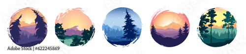 Abstract night nordic landscape with forest. Twilight, sunset. Set vector illustrations, wallpapers, print for t-shirt in the shape of a circle. 	