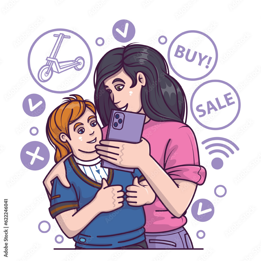 Woman hugging daughter and buying kick scooter via smartphone. People choose to shop through apps and online website on devices. Online shopping concept. Flat vector illustration in cartoon style Woman hugging daughter and buying kick scooter via smartphone. People choose to shop through apps and online website on devices. Online shopping concept. Flat vector illustration in cartoon style