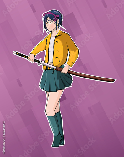 vector illustration, design of a female character in anime style, takes out a katana and scabbard, on a colored background