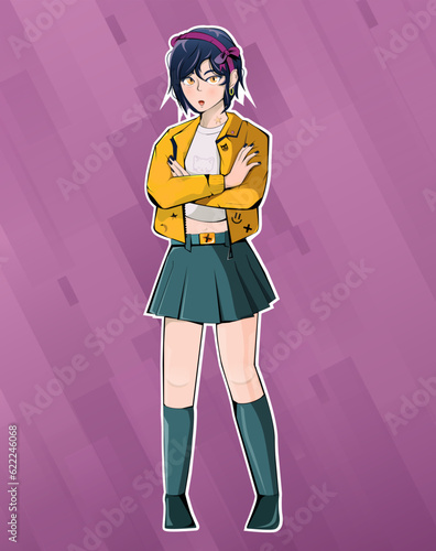 vector illustration, anime style female character design, on a colored background