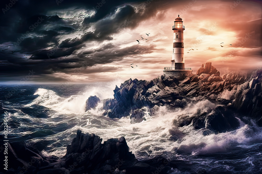 Dramatic image of sharp rocks with lighthouse in raging sea with dark stormy sky and spray on the waves, made with generative ai