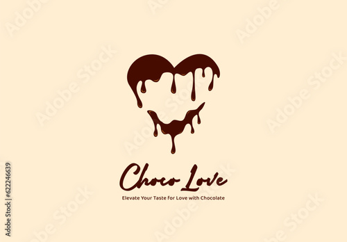 Melted chocolate love flowing in heart shape vector logo icon