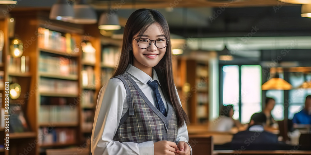 Fototapeta premium Engaging young Asian woman, dressed in school uniform and glasses, poised amidst a university library setting. Generative AI