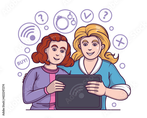 Happy ladies looking at tablet and chose rings. Happy people choose to shop through apps and online website on devices. Online shopping concept. Flat vector illustration in cartoon style