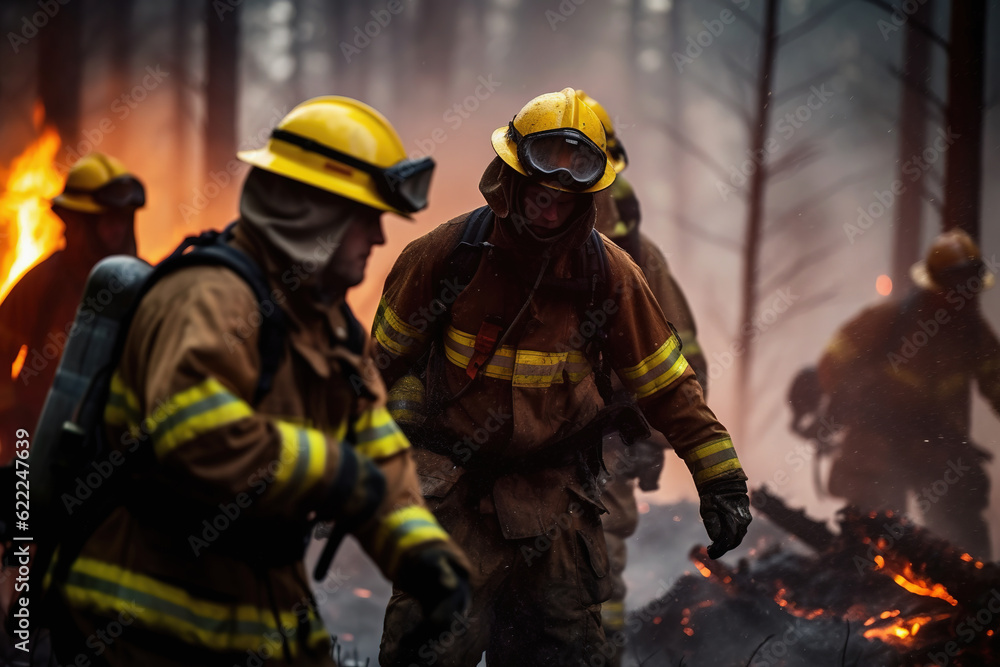 Fototapeta premium Firefighters battling fire in forest. Natural disaster accident