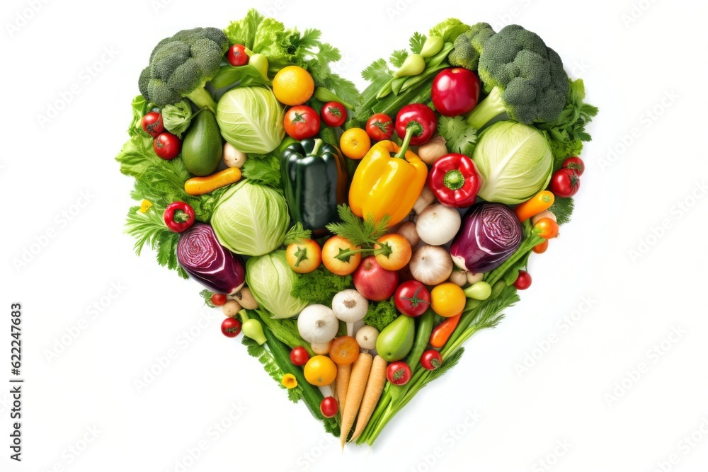 Food vegeatble photography background - Heart made of group of healthy vegetables, isolated on white background, top view (Generative Ai) Food vegeatble photography background - Heart made of group of healthy vegetables, isolated on white background, top view (Generative Ai)