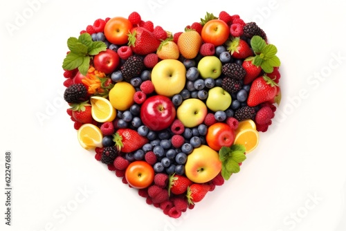Food fruits photography background - Heart made of group of healthy fruits, isolated on white background, top view (Generative Ai)