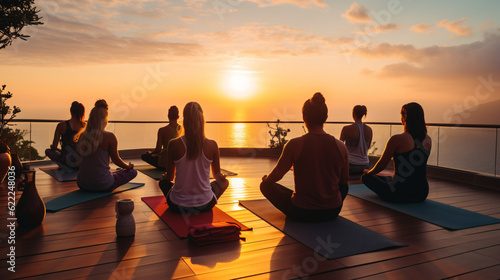 Group of People doing Yoga on a Terrace overlooking the Ocean  Generative AI