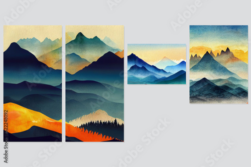 Set of abstract mountain wall art template. Hills, colorful watercolor, grain, and texture. Perfect for decorative, interior, prints, and banner.