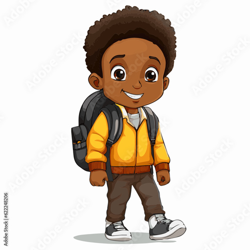 simple cartoon clipart black african american boy student child going to school white background