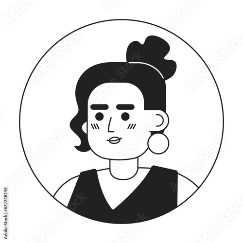 Brunette woman monochrome flat linear character head. Lady with golden earings and bun hairstyle. Editable outline hand drawn human face icon. 2D cartoon spot vector avatar illustration for animation
