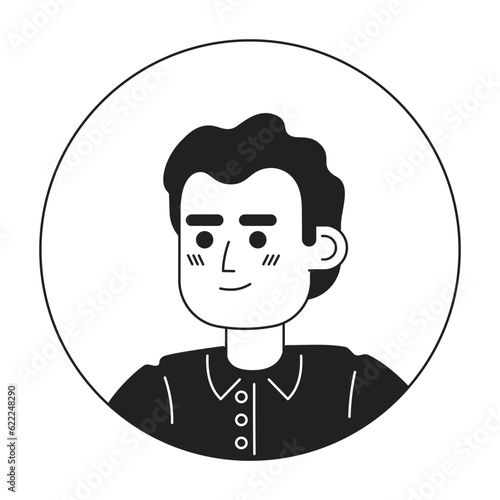 Cheerful hispanic brunette man monochrome flat linear character head. Male in shirt. Editable outline hand drawn human face icon. 2D cartoon spot vector avatar illustration for animation
