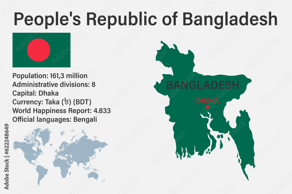 Obraz premium Highly detailed Bangladesh map with flag, capital and small map of the world
