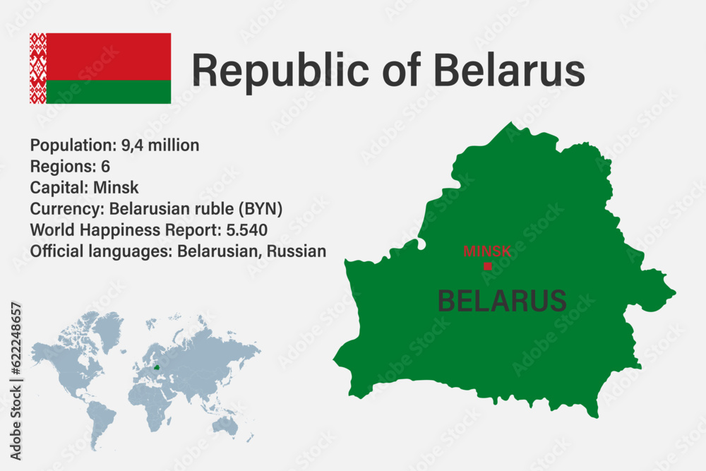 Highly detailed Belarus map with flag, capital and small map of the world