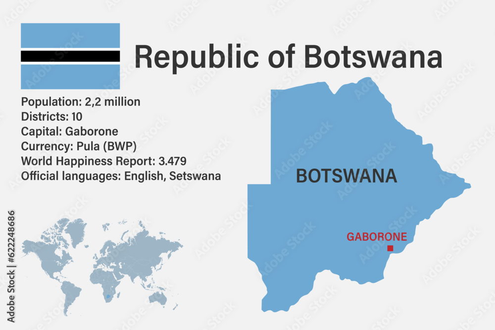 Highly detailed Botswana map with flag, capital and small map of the world