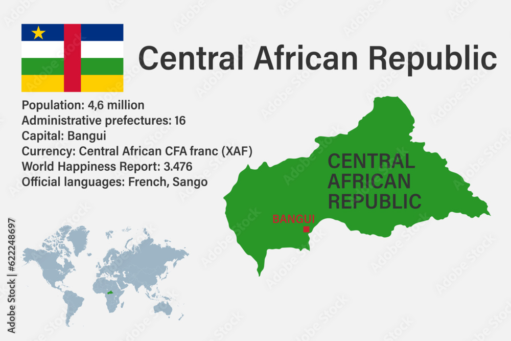Highly detailed Central African Republic map with flag, capital and small map of the world