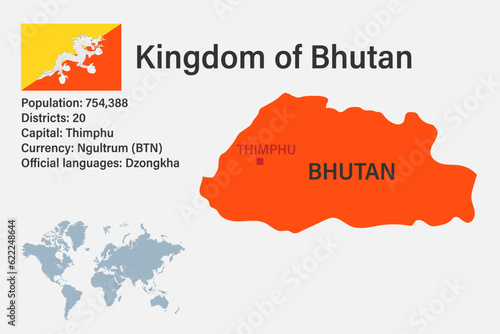 Highly detailed Bhutan map with flag, capital and small map of the world