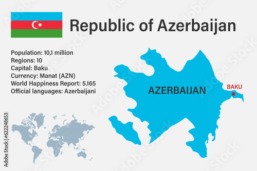 Highly detailed Azerbaijan map with flag  capital and small map of the world