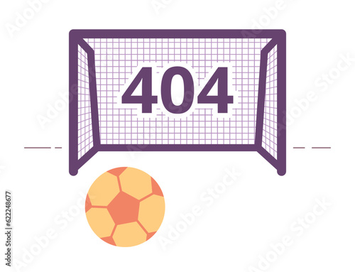 Football game error 404 flash message. Kicking ball into gate. Empty state ui design. Page not found popup cartoon image. Vector flat illustration concept on white background