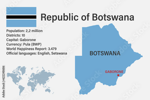 Highly detailed Botswana map with flag, capital and small map of the world