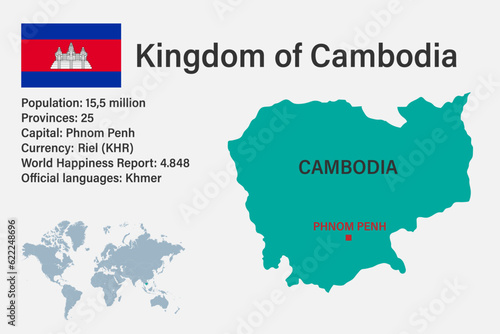 Highly detailed Cambodia map with flag  capital and small map of the world