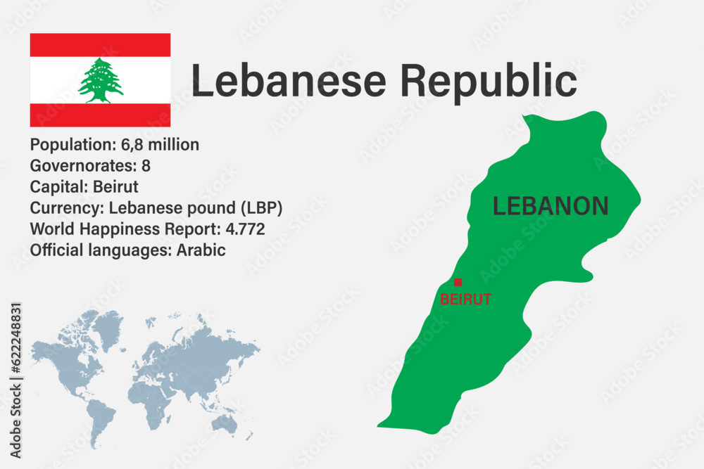 Highly detailed Lebanon map with flag, capital and small map of the world