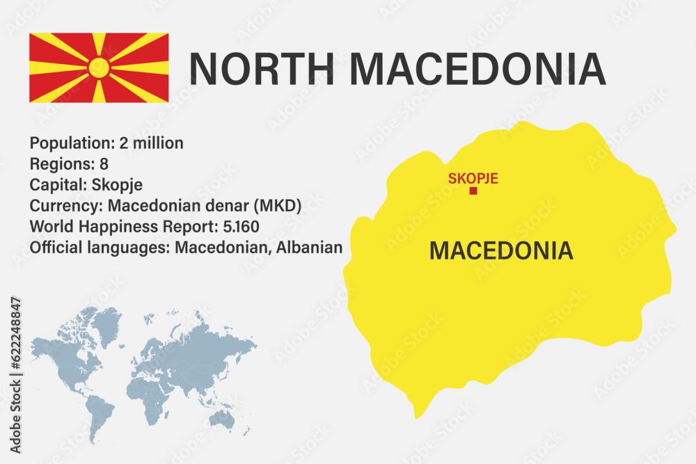 Highly detailed Macedonia map with flag, capital and small map of the world