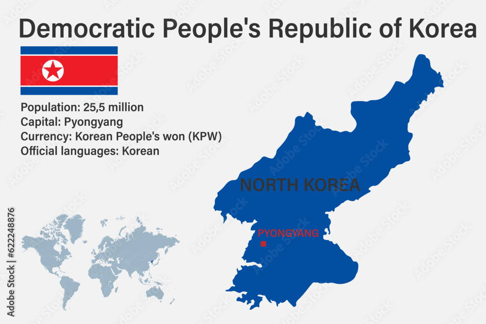 Highly detailed North Korea map with flag, capital and small map of the world