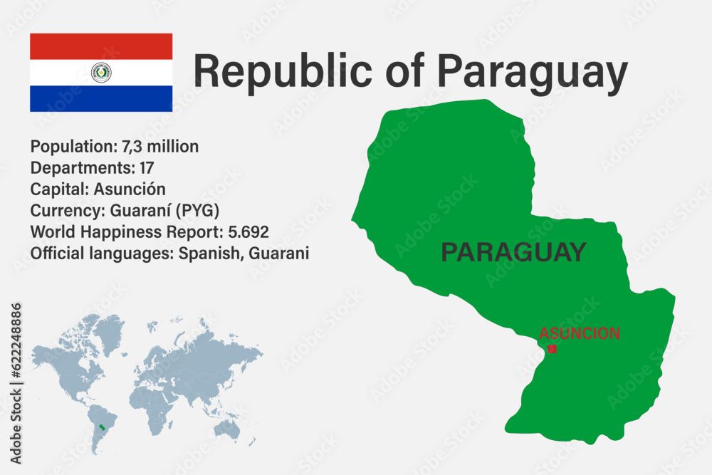 Highly detailed Paraguay map with flag, capital and small map of the world