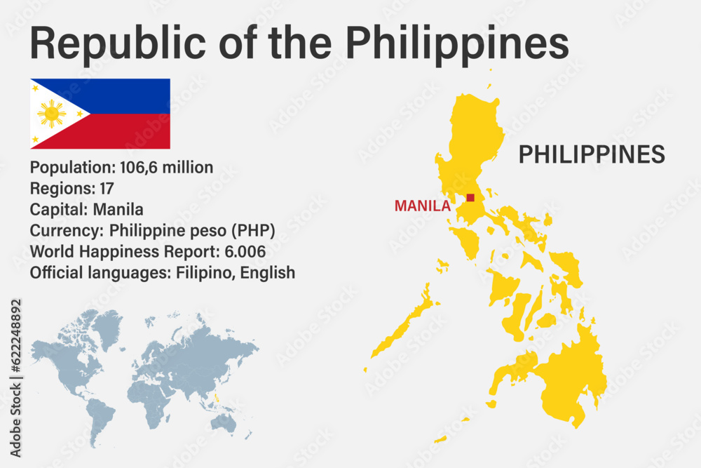Obraz premium Highly detailed Philippines map with flag, capital and small map of the world