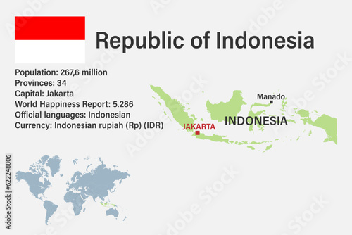 Highly detailed Indonesia map with flag  capital and small map of the world