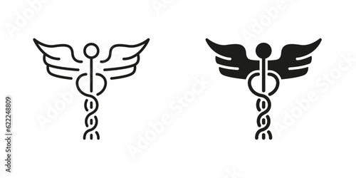 Pharmacy Emblem, Hospital Pictogram. Caduceus Medical Sign. Pharmaceutical Healthcare Symbol Collection. Caduceus Greek Insignia Line and Silhouette Black Icon Set. Isolated Vector Illustration