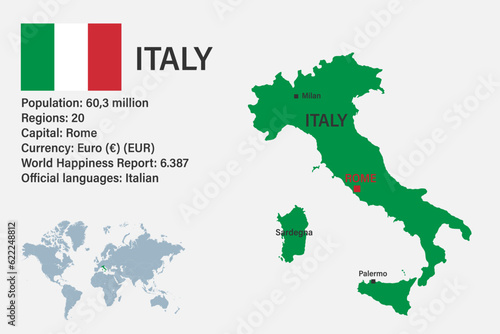 Highly detailed Italy map with flag  capital and small map of the world